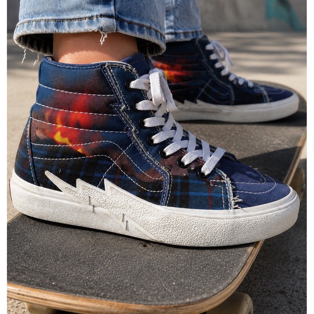 Vans SK8-HI Top Lightning Bolt Women's 6 Blue Skateboard Shoes 721454 Boys 4.5